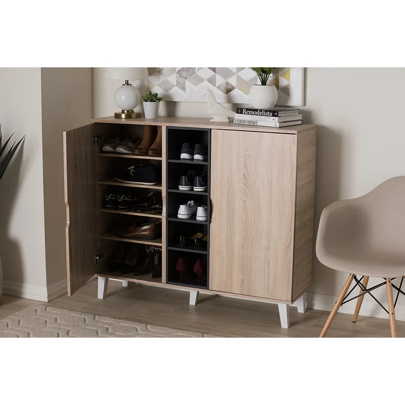 Baxton Studio Adelina Mid-Century Modern 2-door Oak and Grey Wood Shoe Cabinet