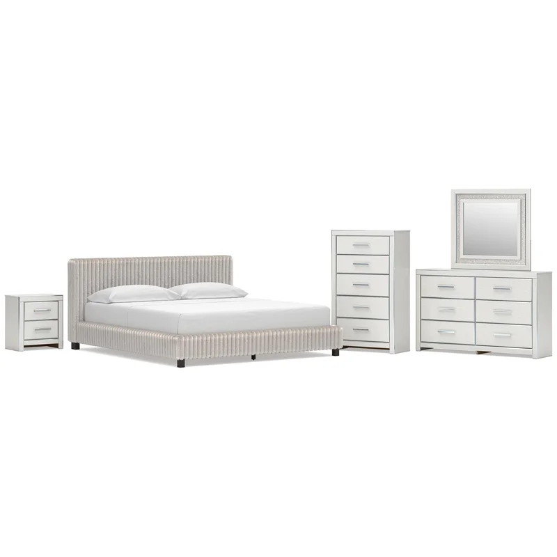 Birmonton California King Upholstered Bed Dresser Mirror Chest and Nightstand
