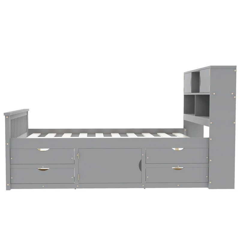 Captain Platform Bed Frame With Bookcase Headboard 4 Drawers Storage Shelves