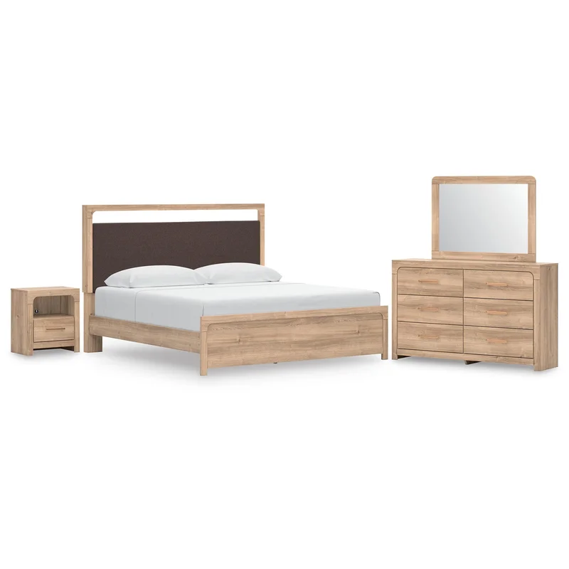 Hollymount King Upholstered Platform Bed Dresser Mirror and Nightstand