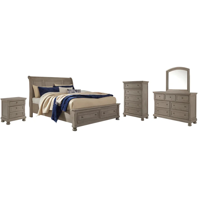 Lettner California King Sleigh Bed with Mirrored Dresser Chest and Nightstand
