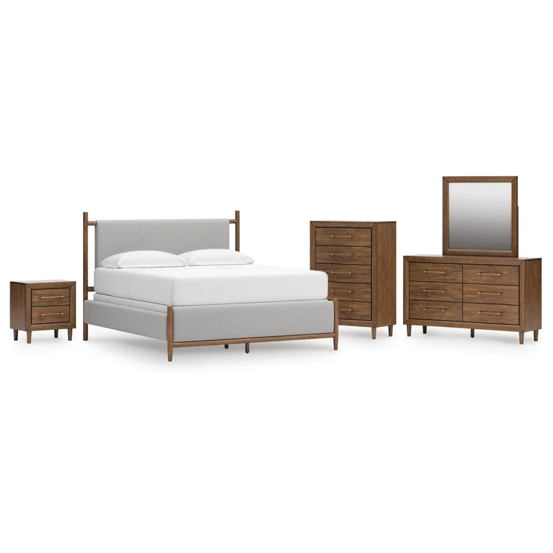 Lyncott California King Upholstered Bed Dresser Mirror Chest and Nightstand