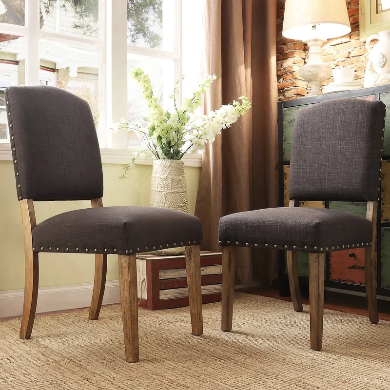Nailhead Upholstered Dining Chairs (Set of 2) - Natural Finish Dark Gray Linen