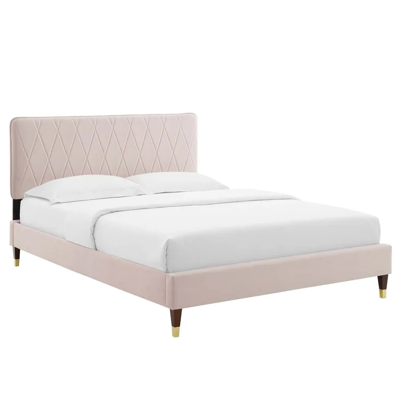Phillipa Performance Velvet Platform Bed With Wood and Gold Legs
