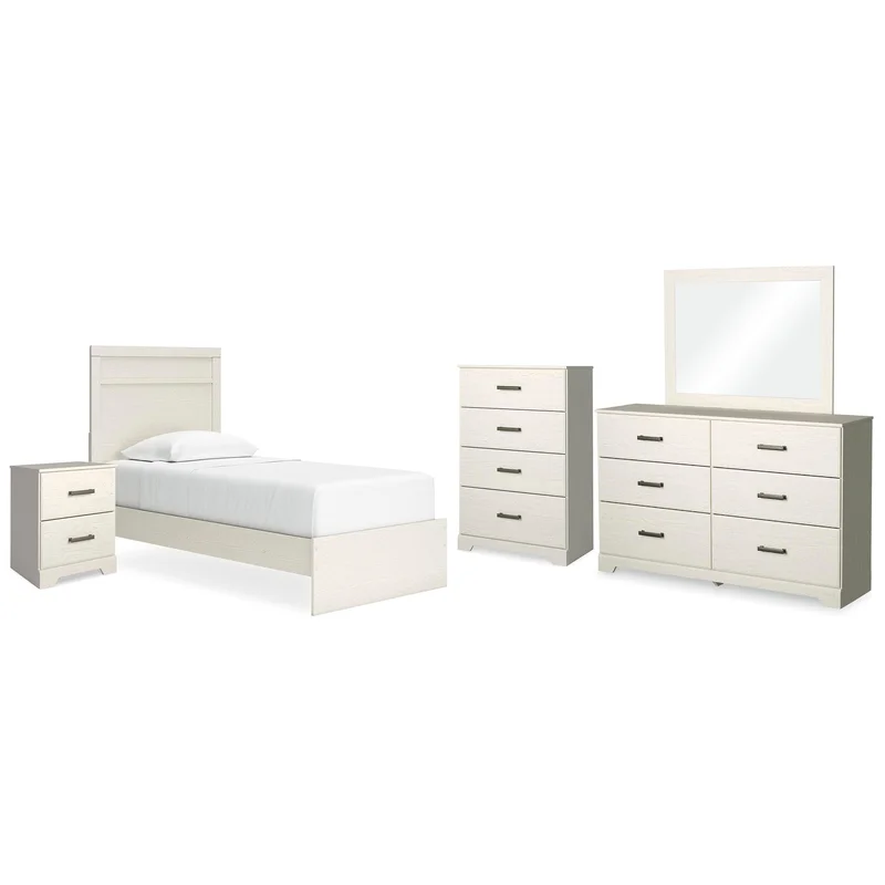 Stelsie Twin Panel Bed with Mirrored Dresser Chest and Nightstand