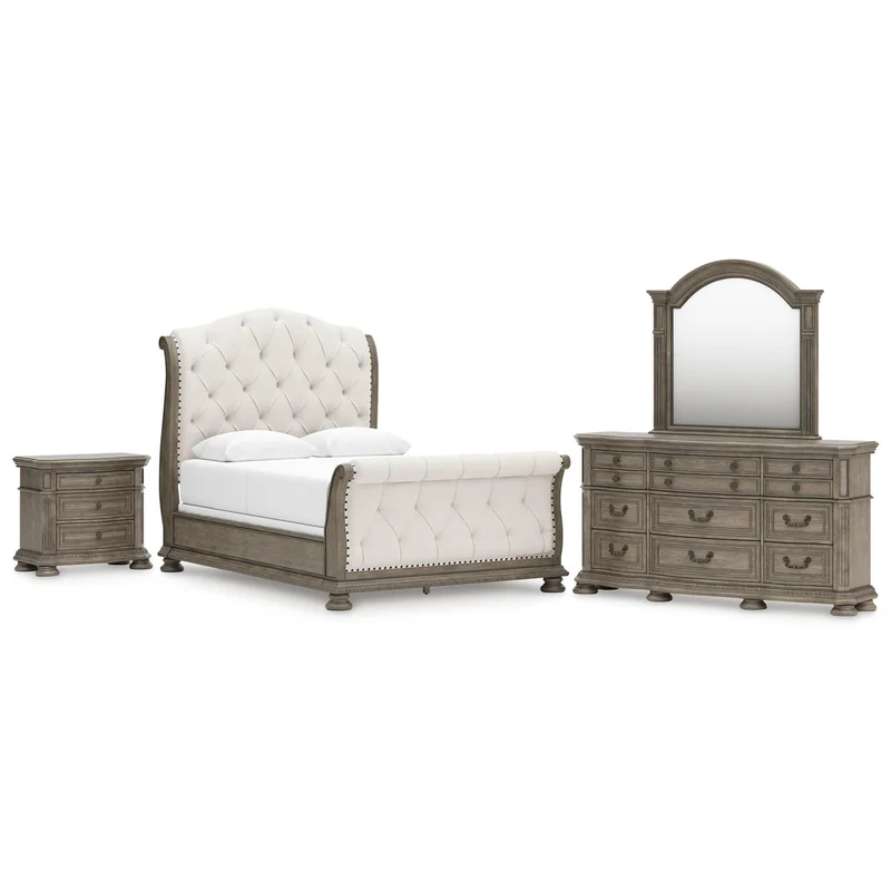 Ardenfield Queen Upholstered Sleigh Bed Dresser Mirror and Nightstand