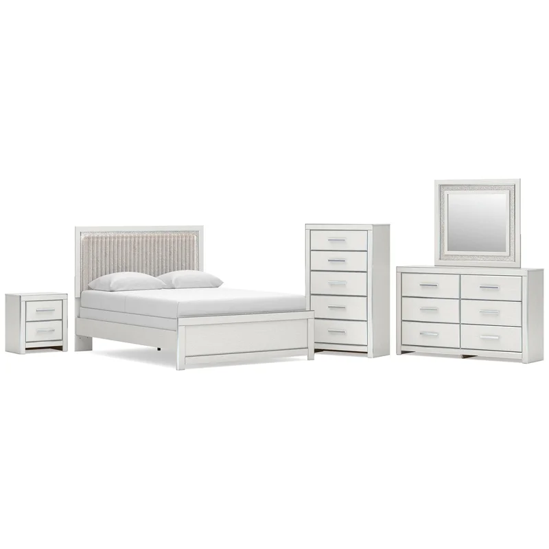 Birmonton Queen Upholstered Panel Bed Dresser Mirror Chest and Nightstand