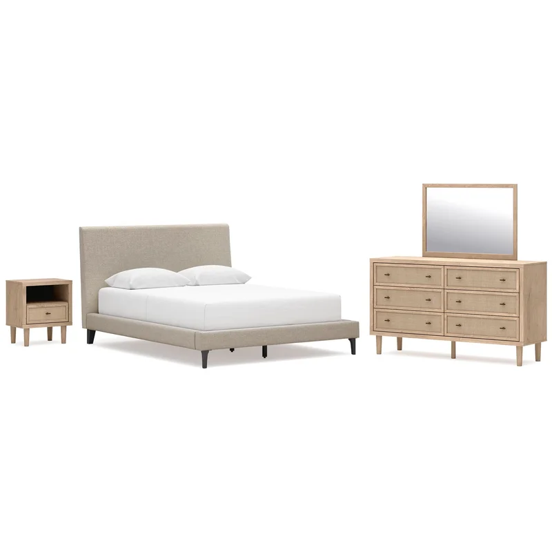 Cielden Queen Upholstered Bed with Roll Slats Dresser Mirror and Nightstand