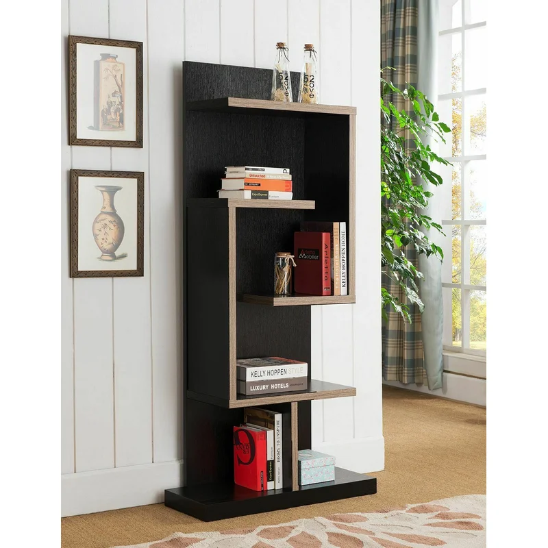 Mid Century Geometric 5- Shelf Asymmetrical Bookcase Shelf Dark Taupe And Black