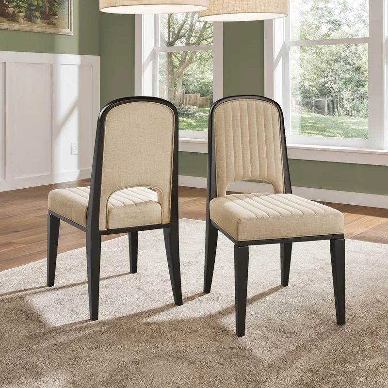 Wood Finish Cream Fabric Channel Stitching Dining Chair (Set of 2) - Black Oak