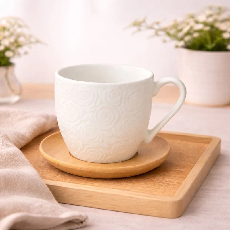 6 Pcs Cups & Bamboo Saucers White Rose Embossed Ceramic Tea Set