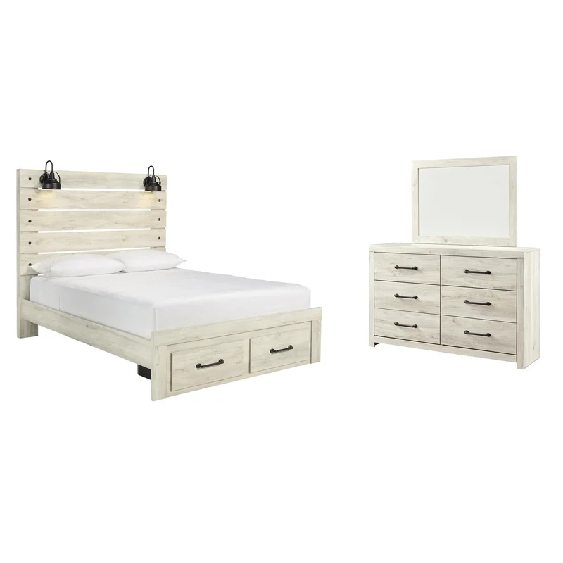 Cambeck Queen Panel Bed with 2 Storage Drawers with Mirrored Dresser