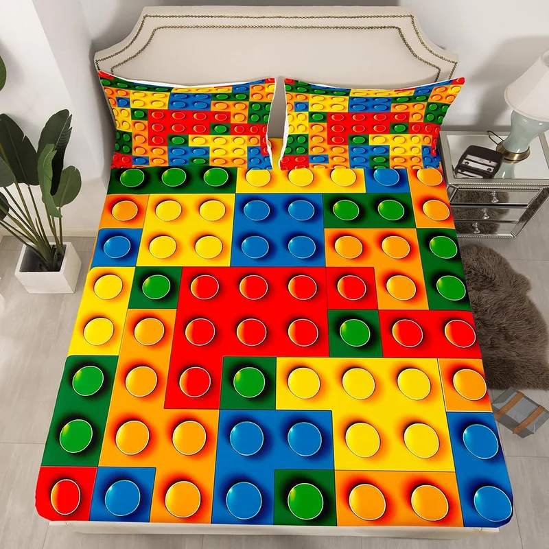Feelyou Toddler Building Blocks Fitted Sheet Twin Size Kids Toy Brick Bedding Set for Boys Teens Games Bed Sheet Set Breathable