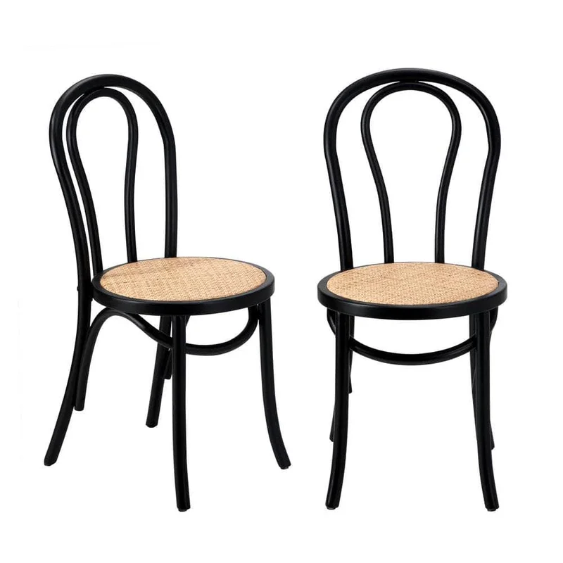 2PCS Black Dining Chairs Solid Wood Frame with Rattan Seat for Kitchen