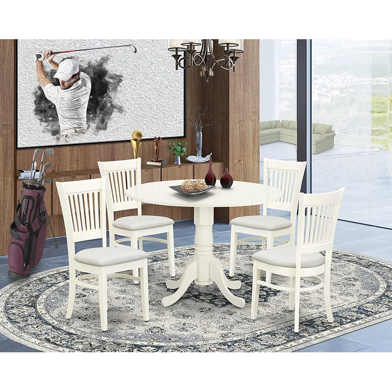 5 Pc White Round 42" Drop Leaf Kitchen Dinette Dining Table and 4 Padded Chairs