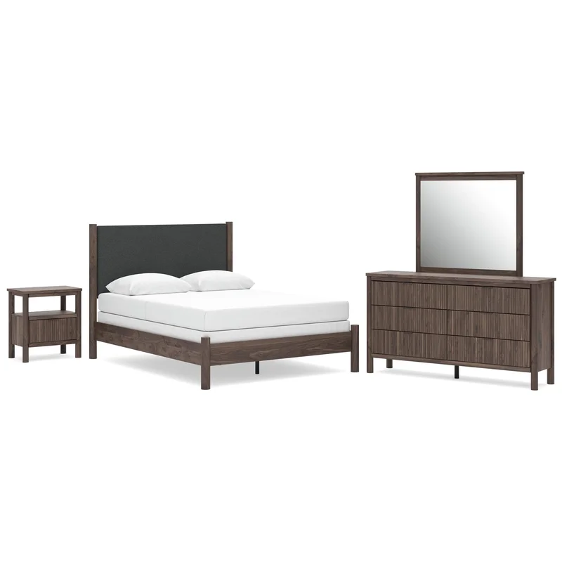 Cadmori Queen Upholstered Panel Bed Dresser Mirror and Nightstand