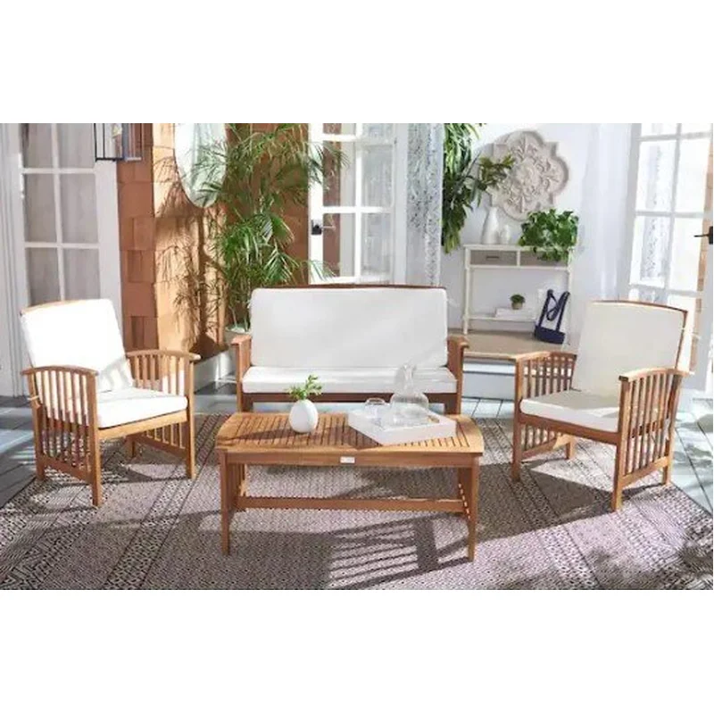 Rocklin Teak Brown 4-Piece Wood Patio Conversation Set with Beige Cushions