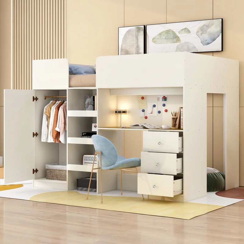 Wood Full Size Loft Bed with Built-in Wardrobe Desk Storage Shelves and Drawers Beige
