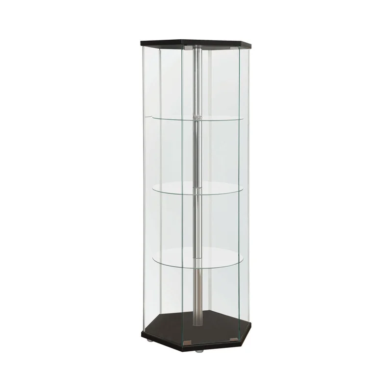 4-Shelf Glass Hexagon Shaped Curio Display Cabinet Tower Black And Clear