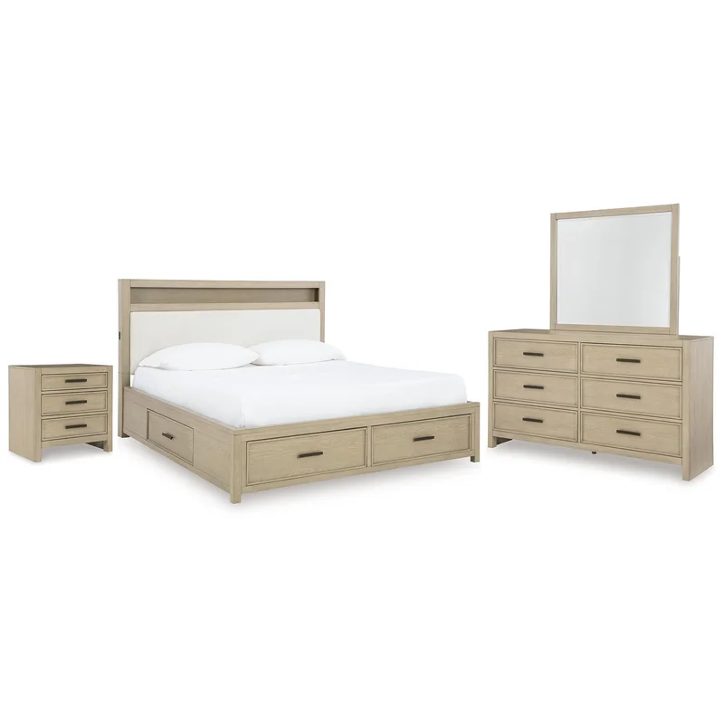 Calmoro Queen Bookcase Bed with Mirrored Dresser and Nightstand