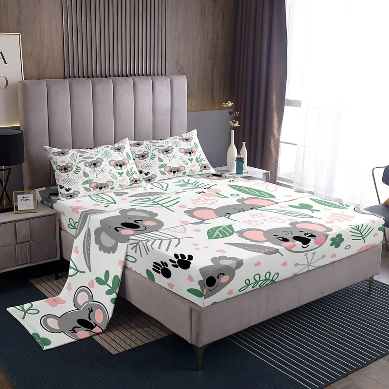 Feelyou Koala Sheet Set Queen Size Cartoon Koala Bed Sheets Set Cute Koala Sheets with Deep Pocket Fitted Sheet for Kids Toddle
