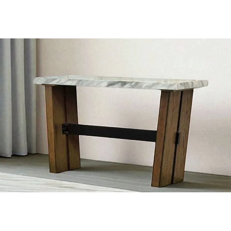 Modern Rustic Sofa Table with Faux-Marble Top & Wood Base