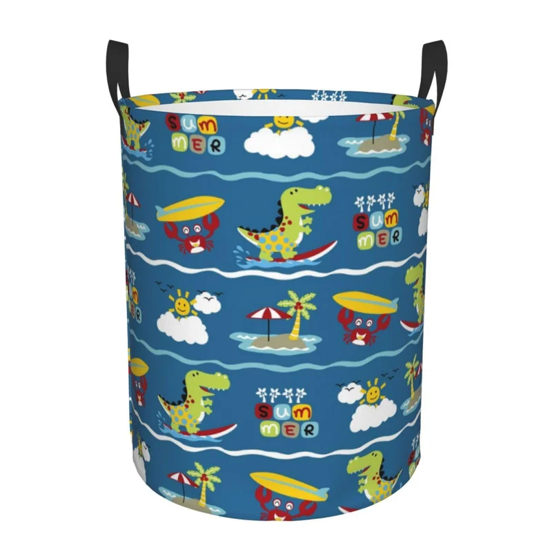 Pevtufa Dinosaur On The Beach Vacation Foldable Laundry Basket OrganizerFabric Clothes Toy Storage Basket Nursery Hamper Storag