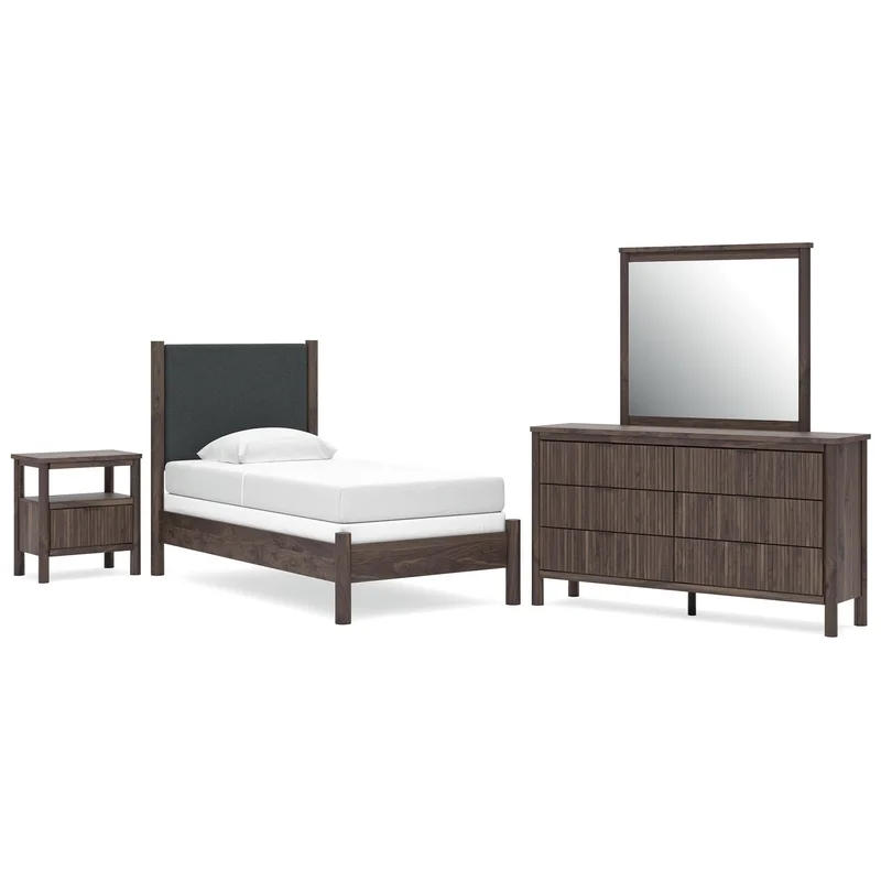 Cadmori Twin Upholstered Panel Bed Dresser Mirror Chest and Nightstand