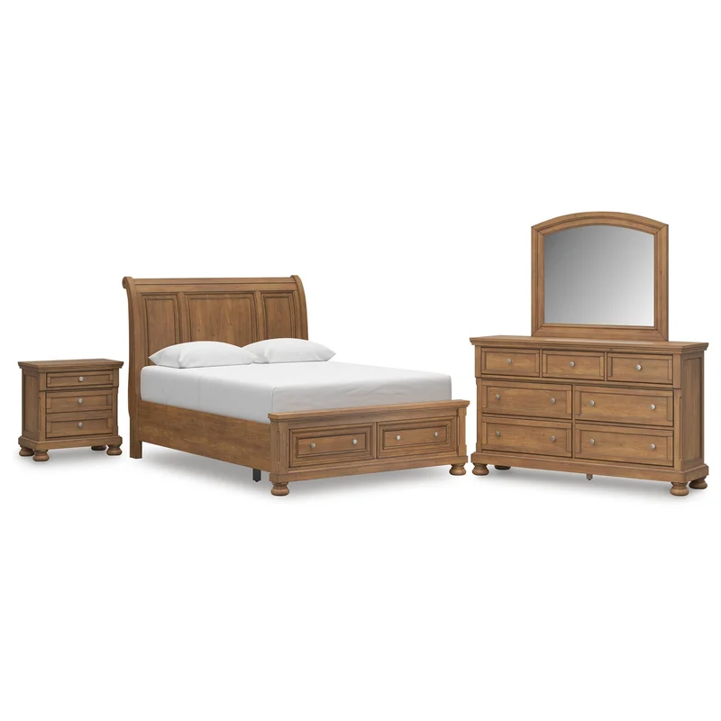 Vandenmore Queen Storage Sleigh Bed with Mirrored Dresser and Nightstand