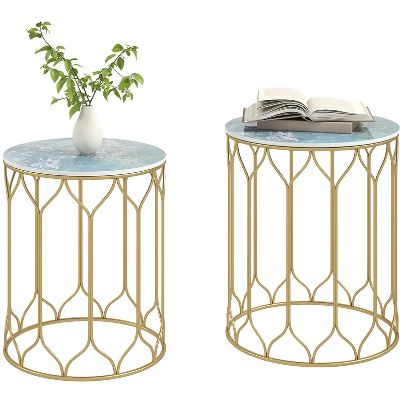 Set of 2 Nesting Garden Side Tables with Ceramic Tile Top Multicoloured