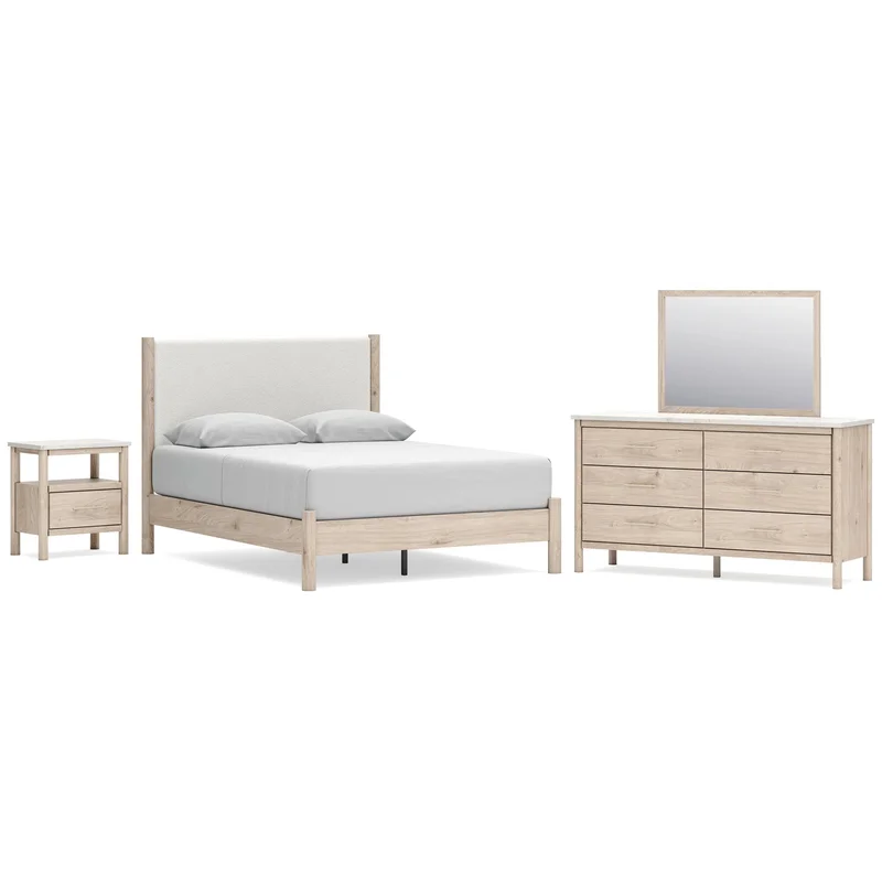 Cadmori Queen Upholstered Panel Bed with Mirrored Dresser and Nightstand