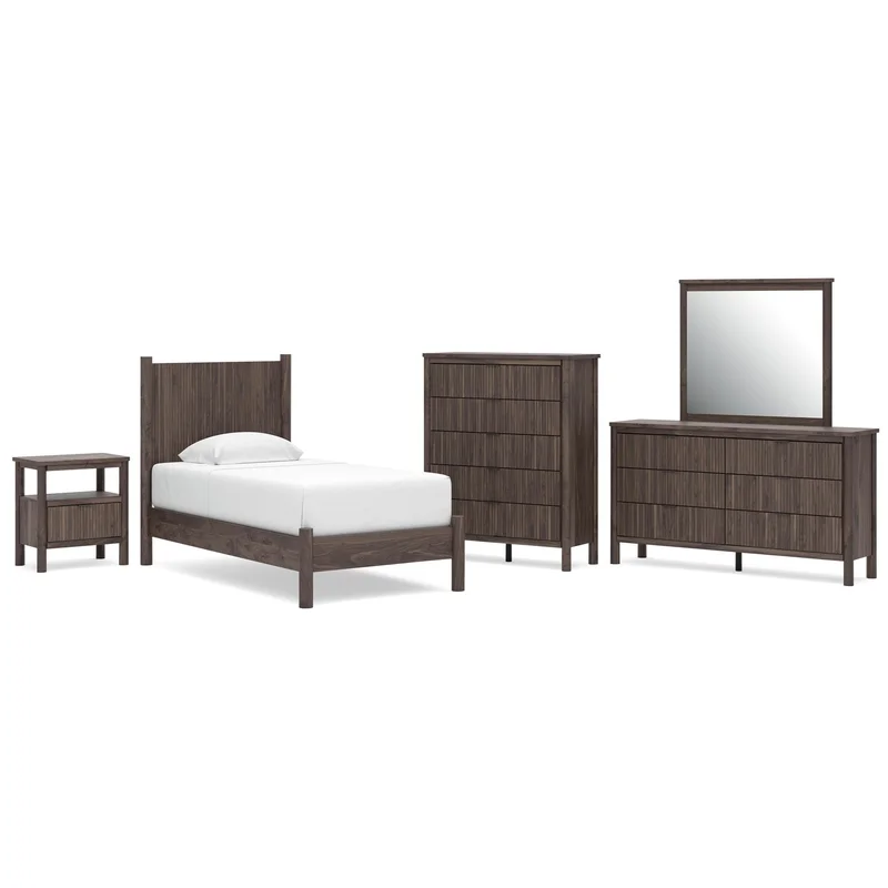Cadmori Twin Panel Platform Bed Dresser Mirror Chest and Nightstand