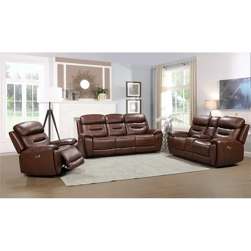 Rosewood Top Grain Leather Power Reclining Living Room Set