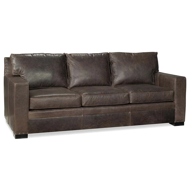 Wellington 92 Inch Large Square Arm Leather Pillow Back Couch With Nails