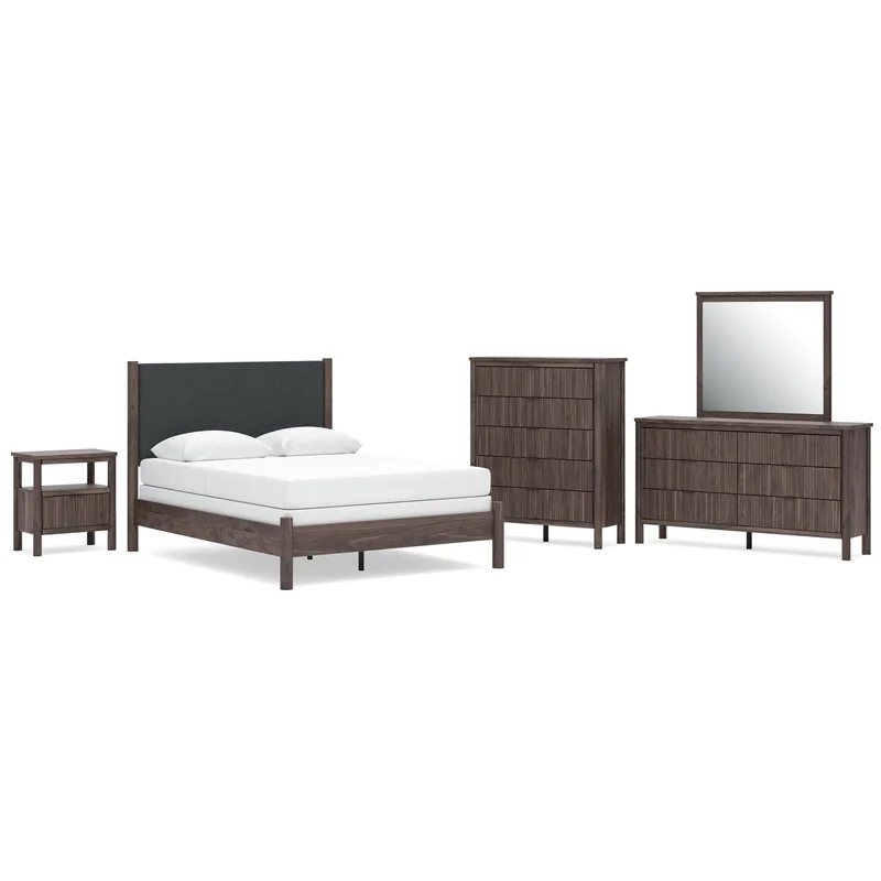 Cadmori Queen Upholstered Panel Bed Dresser Mirror Chest and Nightstand