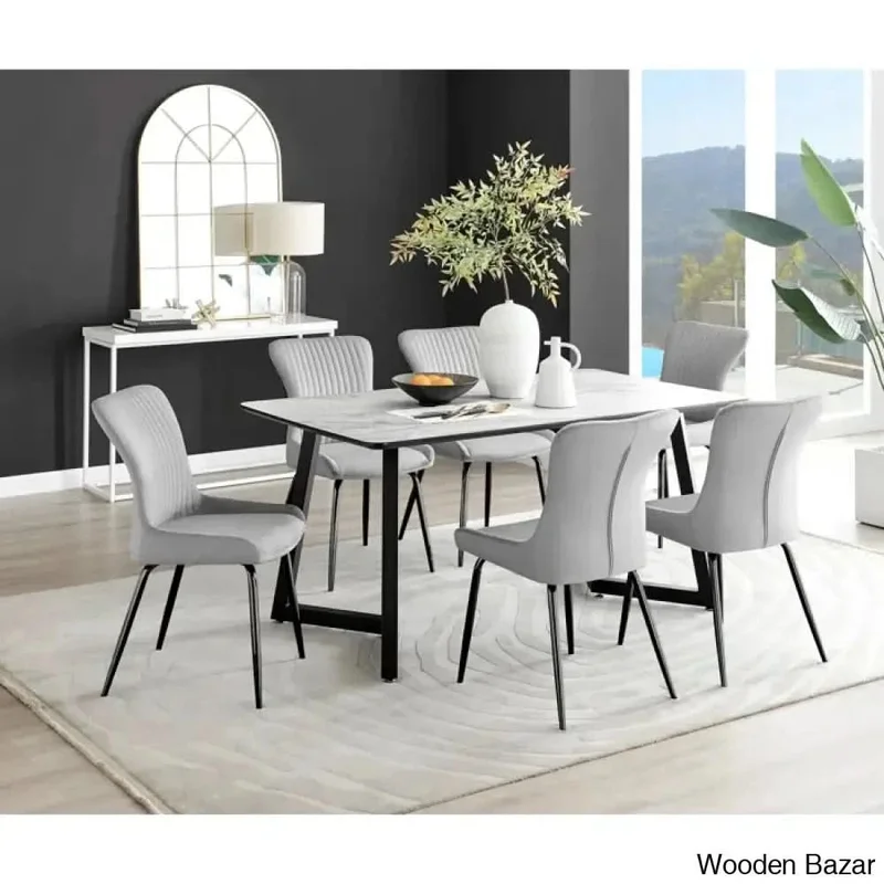 ADELE Latest Marble-Effect Melamine Dining Table with Luxury Faux Leather Chairs