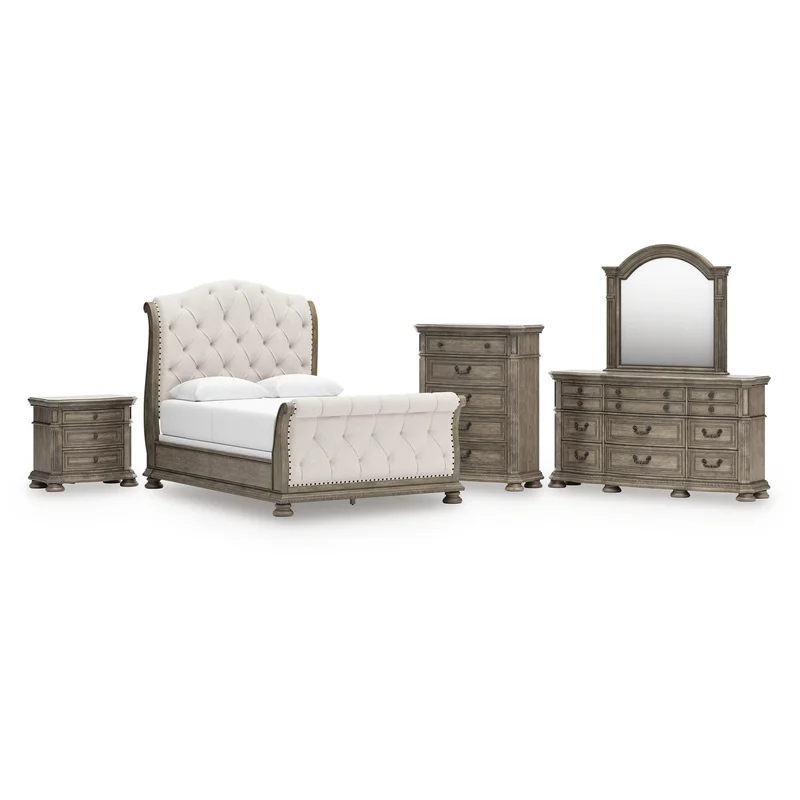 Ardenfield Queen Upholstered Sleigh Bed Dresser Mirror Chest and Nightstand