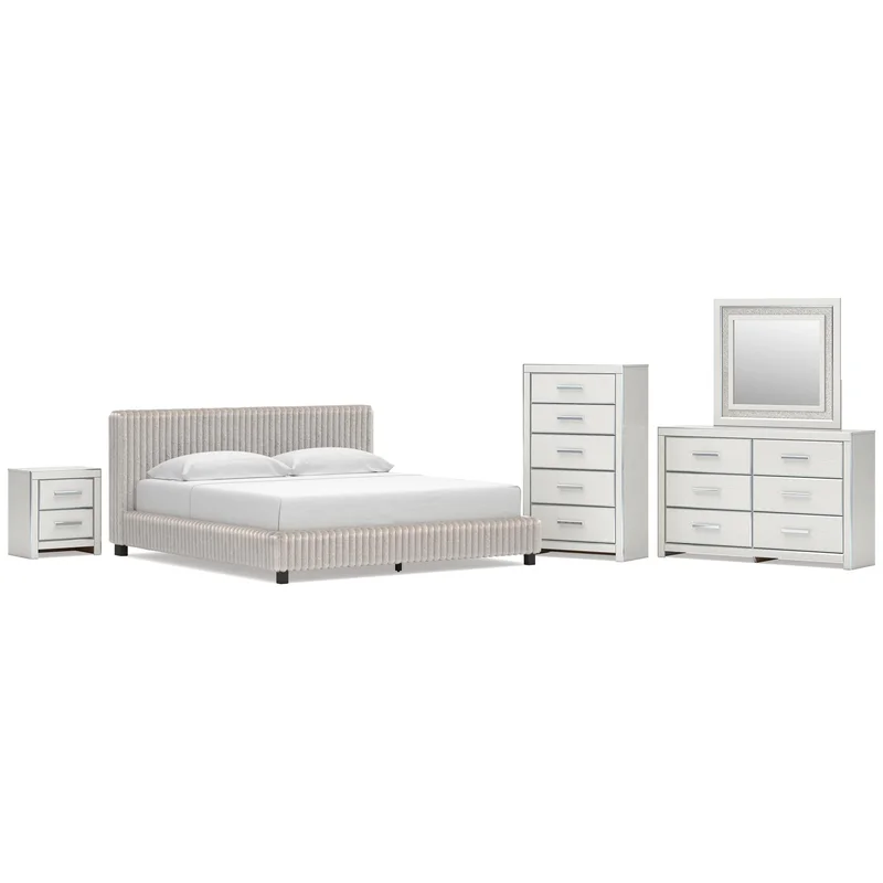 Birmonton King Upholstered Bed Dresser Mirror Chest and Nightstand