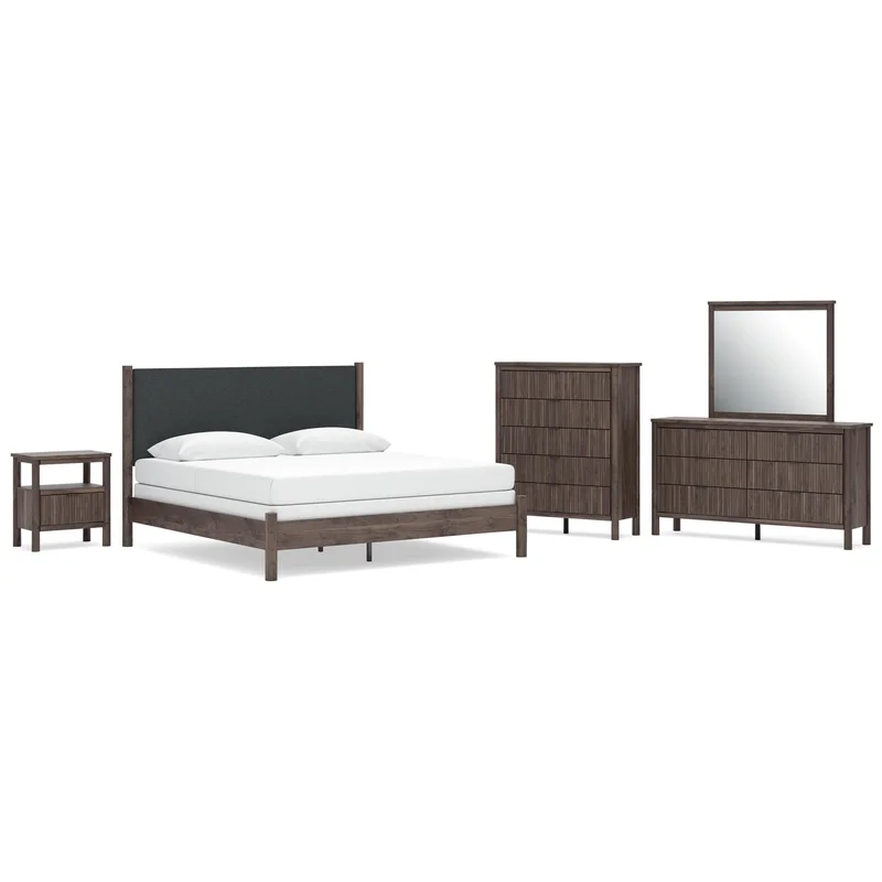 Cadmori King Upholstered Panel Bed Dresser Mirror Chest and Nightstand