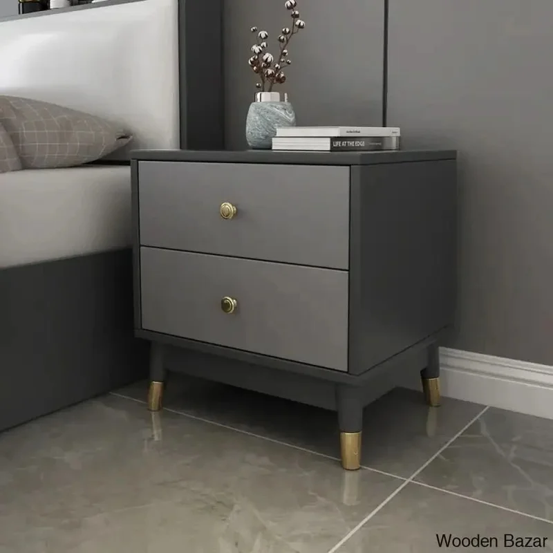 Wooden Bazar Ultic Modern Nightstand with 2 Drawers in Gray with Metal Legs