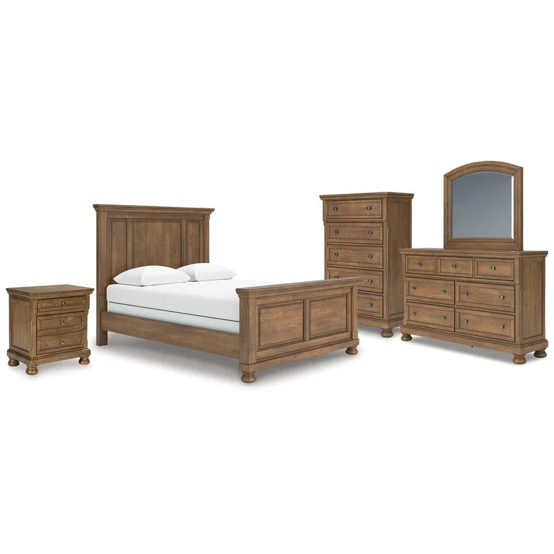Vandenmore Queen Panel Bed with Mirrored Dresser Chest and Nightstand