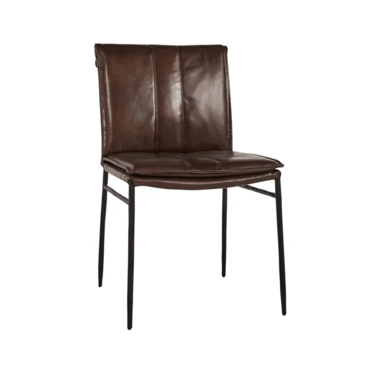 Wesley Top Grain Leather + Hammered Iron Dining Chair - Chocolate + Black