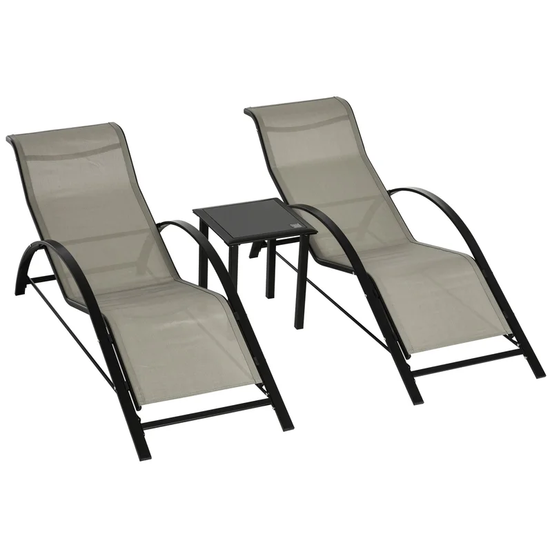3 Piece Outdoor Lounge Chair Set with Table - Grey Metal Frame