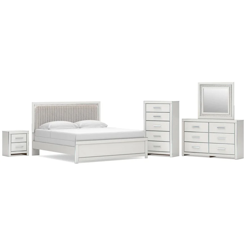 Birmonton King Upholstered Panel Bed Dresser Mirror Chest and Nightstand
