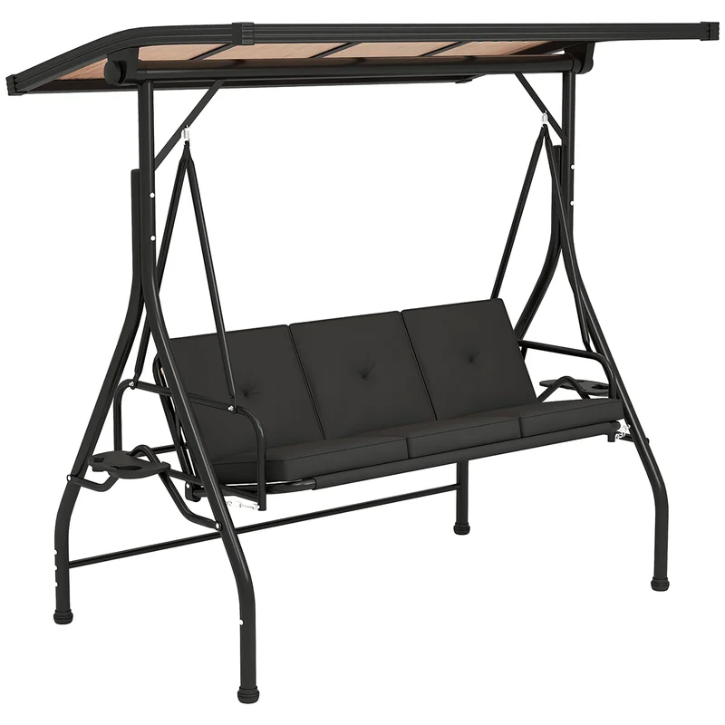 3 Seater Convertible Swing Bench Bed with Adjustable Canopy - Black