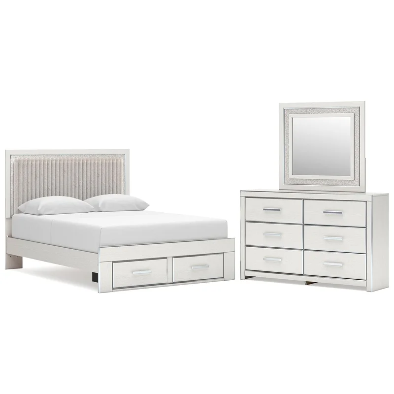 Birmonton Queen Upholstered Panel Platform Storage Bed Dresser and Mirror