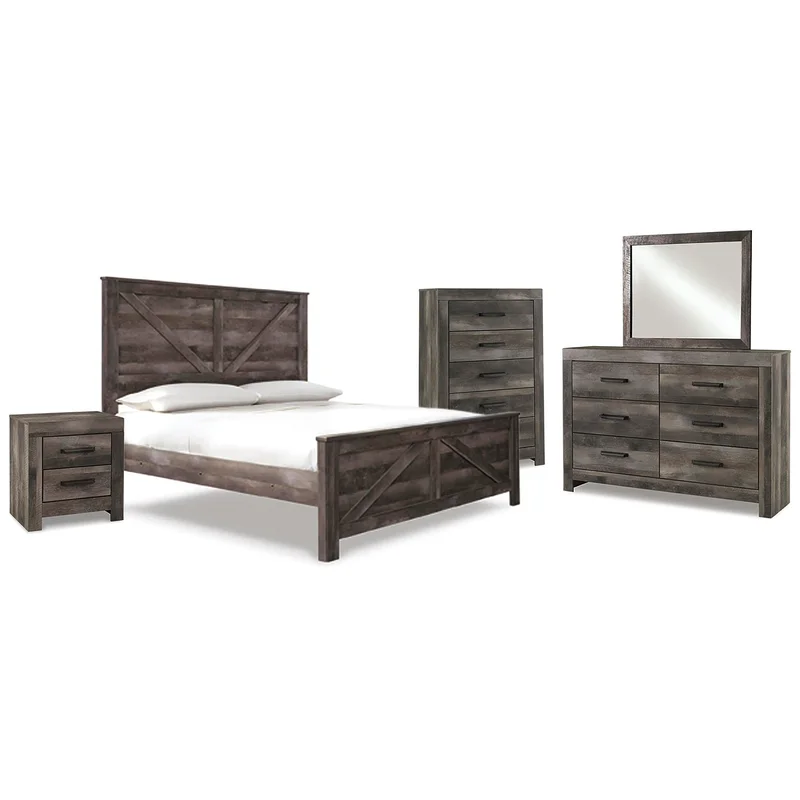 Wynnlow King Crossbuck Panel Bed with Mirrored Dresser Chest and Nightstand
