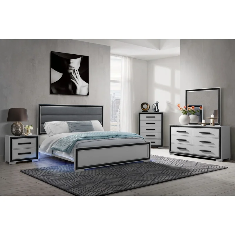 Amelia - 5 Piece King Bedroom Set With LED - Gray Black