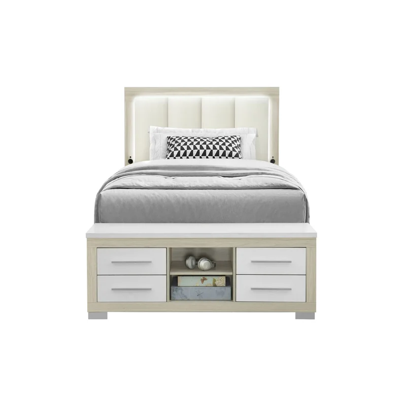 Emma - Full Bed With LED And USB - Light Brown / White