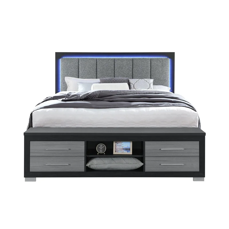 Emma - King Bed With LED And USB - Black / Gray